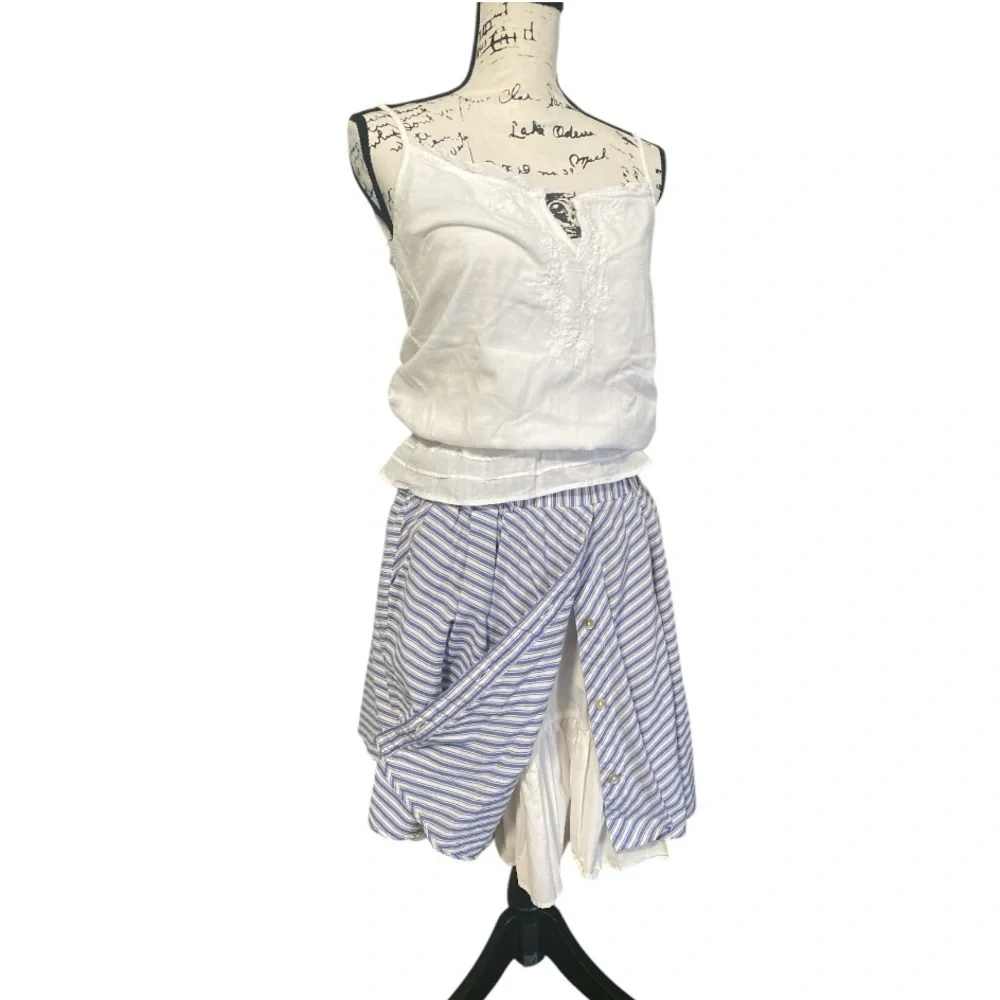 Zara Blue White Stripe Mini Skirt Layered Built-In Petticoat Elastic Waist Flowy